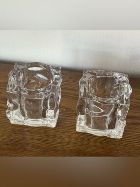 Vintage PartyLite "Glacier" Ice Cube Glass Tealight Holders - Set of 2 - EUC